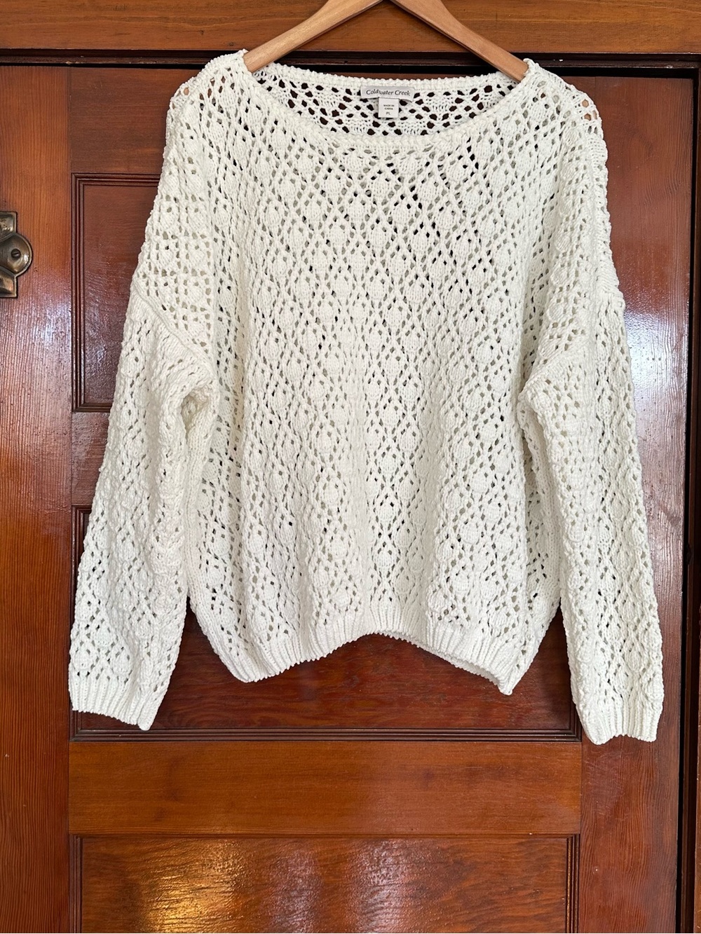 White Crochet Lace Open Knit Chenille Sweater Size Large Petite Grandmacore 90s
